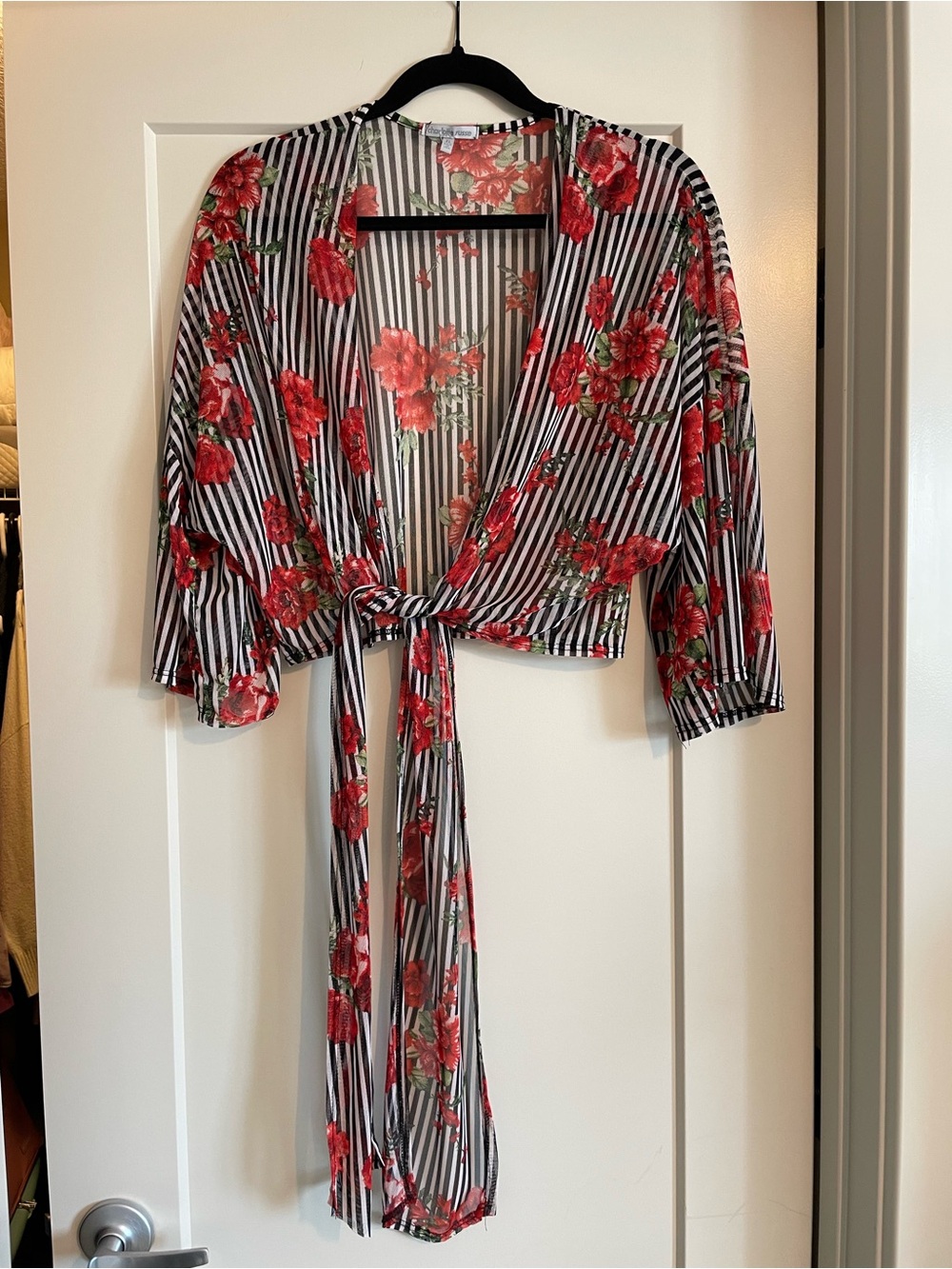 Charlotte Russe Black & White Striped Tie-Front Floral Top